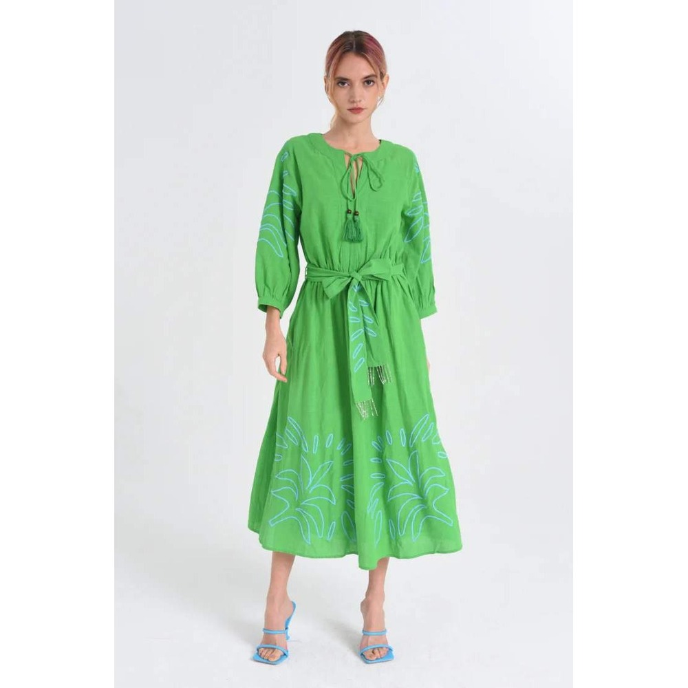 Anthro x Ciebon Long Sleeve Green Embroidered Midi Dress XS Boho Tropical Resort
